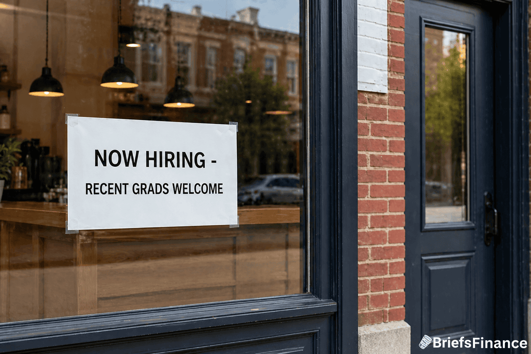 A sign on a café window reads "Now Hiring - Recent Grads Welcome." The scene shows the exterior of the building with reflections in the glass.