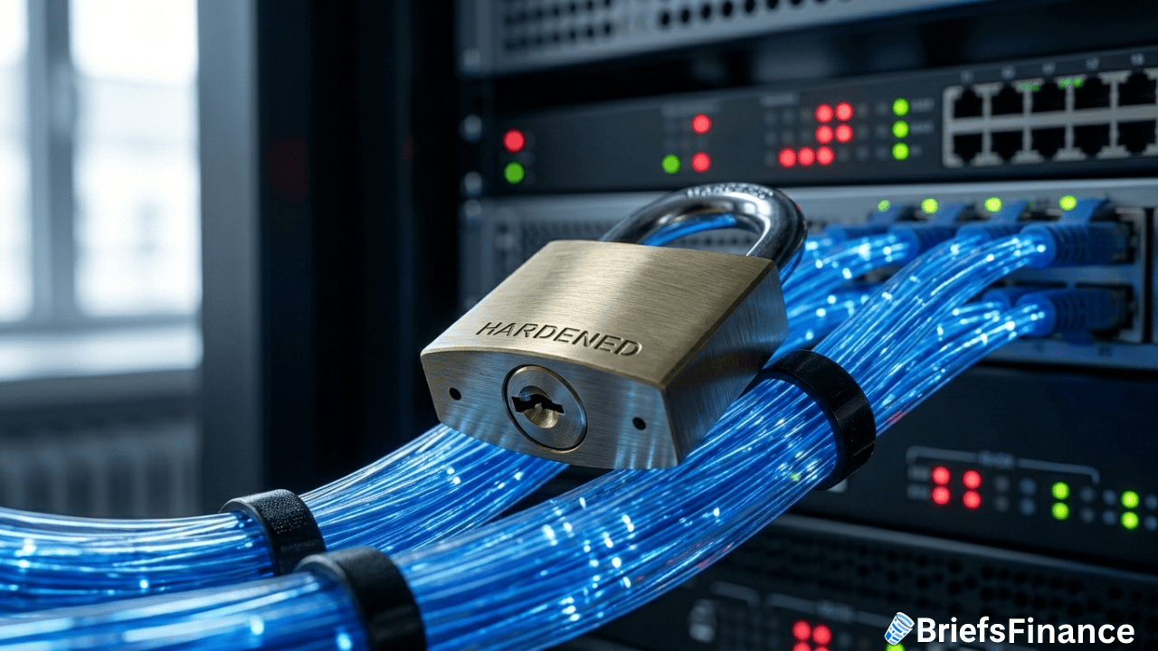 A large padlock labeled "Hardened" secures glowing blue network cables connected to server equipment, symbolizing a robust security program. The BriefsFinance logo is in the bottom right corner.