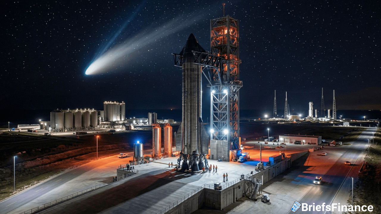 A SpaceX rocket stands on a launch pad at night under a starry sky, with a bright comet visible and industrial buildings illuminated in the background, capturing a moment in history.