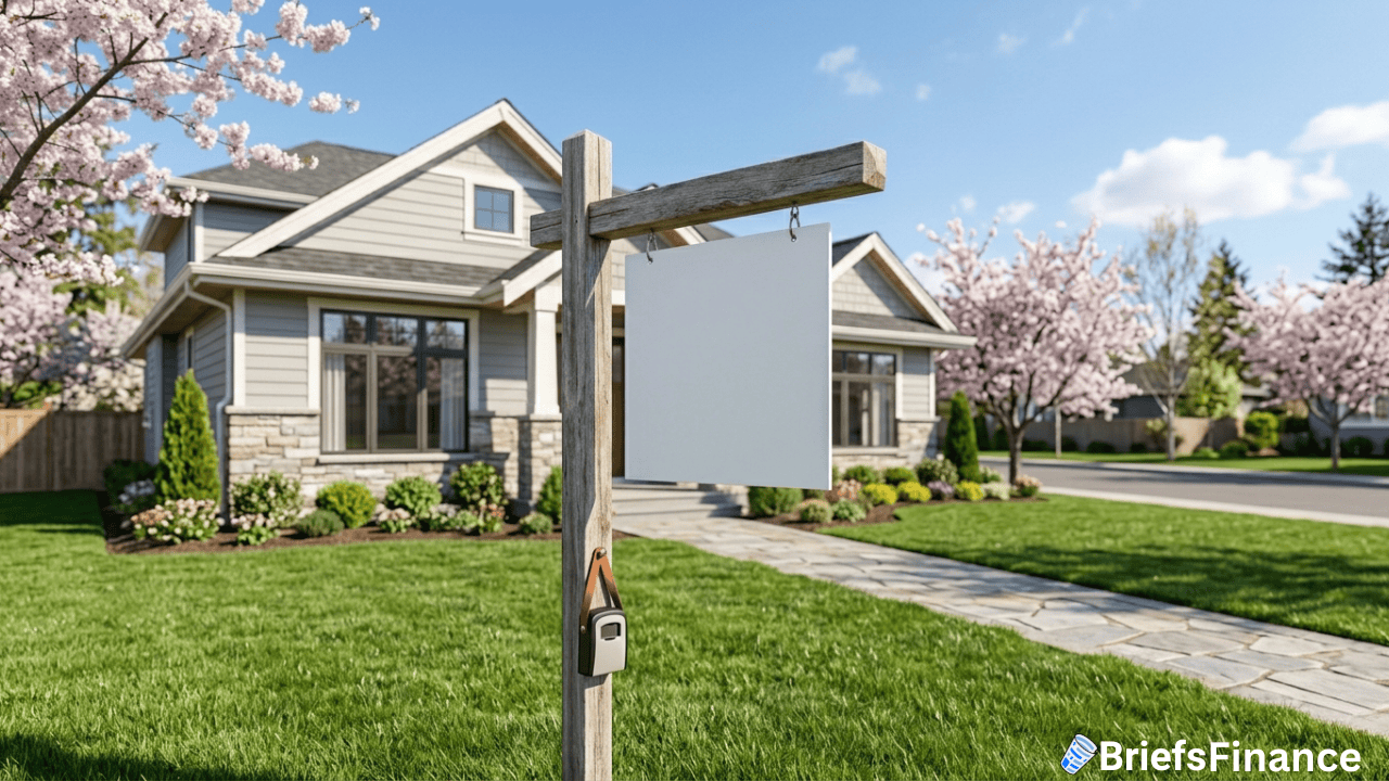 A suburban house with a for sale sign and lockbox in the yard, surrounded by green grass and blooming trees under a clear sky—perfectly capturing the energy of the Spring Housing Market.
