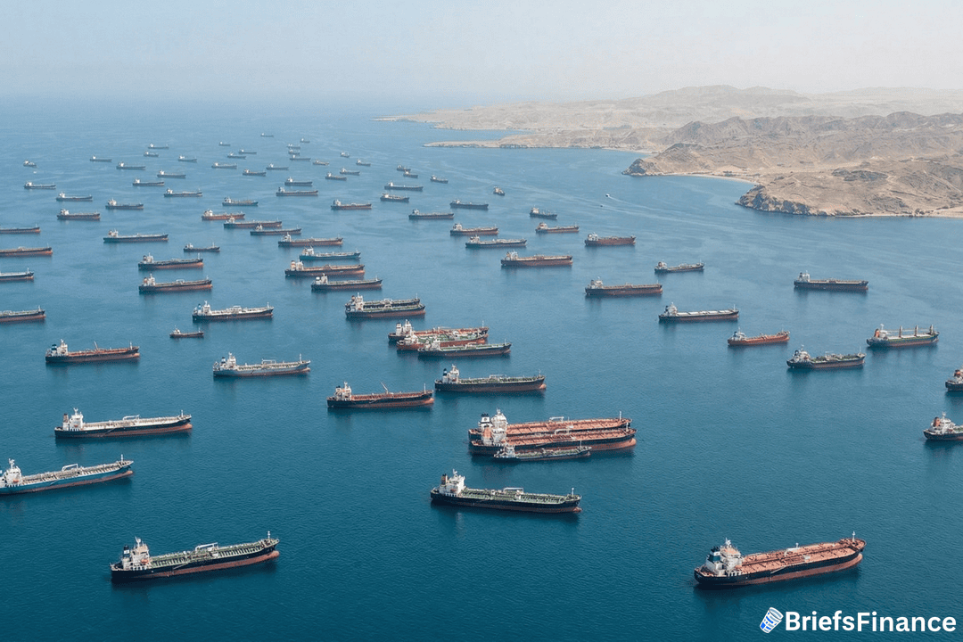 A large number of cargo ships are anchored in calm blue waters near a coastline with arid, rocky terrain under a clear sky.