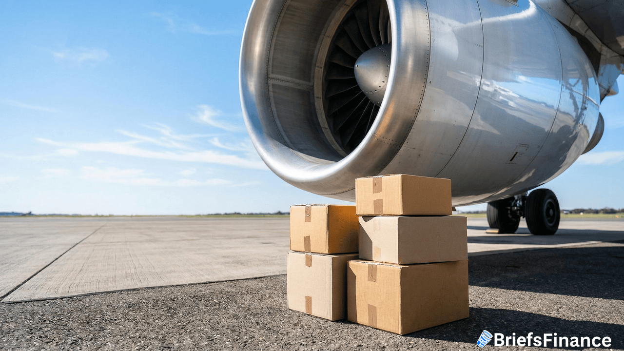 Several cardboard boxes are stacked on the ground in front of a jet engine on an airport tarmac, ready for shippers as fuel surcharges impact logistics under a clear sky.