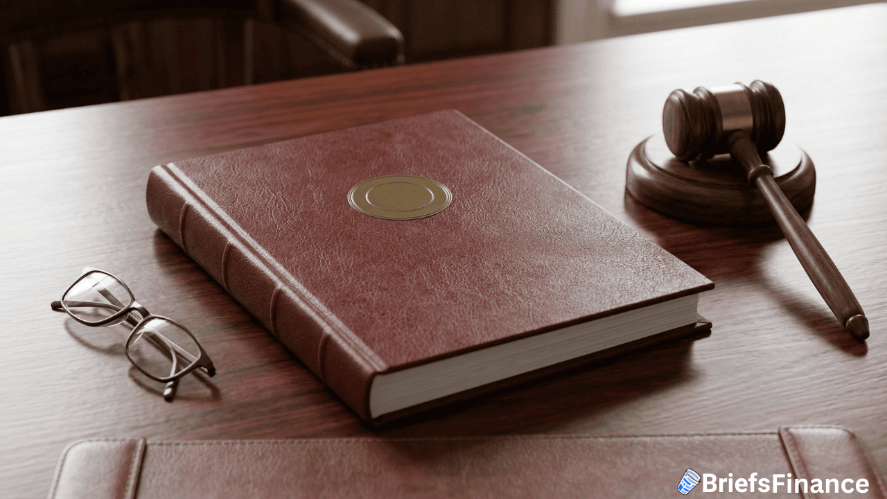 A large brown law book, a judge’s gavel, and eyeglasses rest on a wooden desk in an office setting—suggesting the aftermath of a court loss involving Trump Administration tariffs.