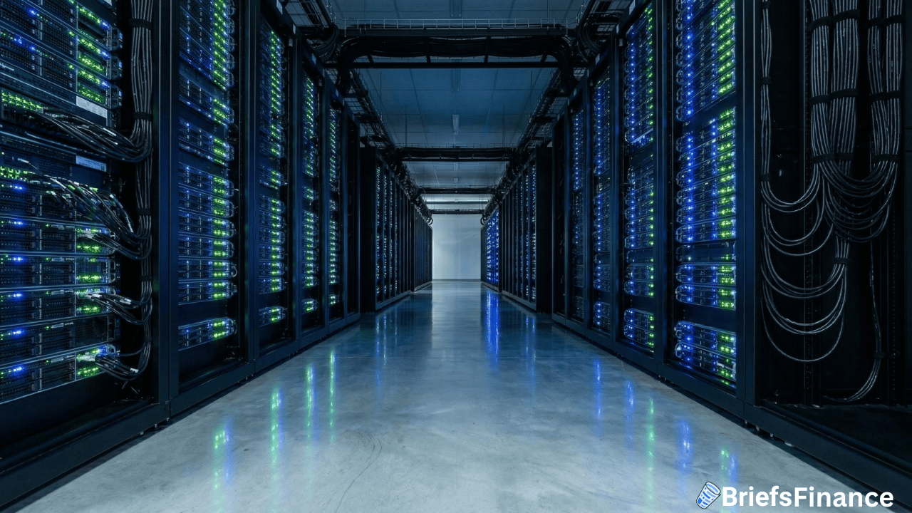 A data center hallway with rows of server racks emitting blue and green lights, reflective floor, and visible cable management—the kind often operated by U.S. tech companies amid rising cyber tensions involving Iran.