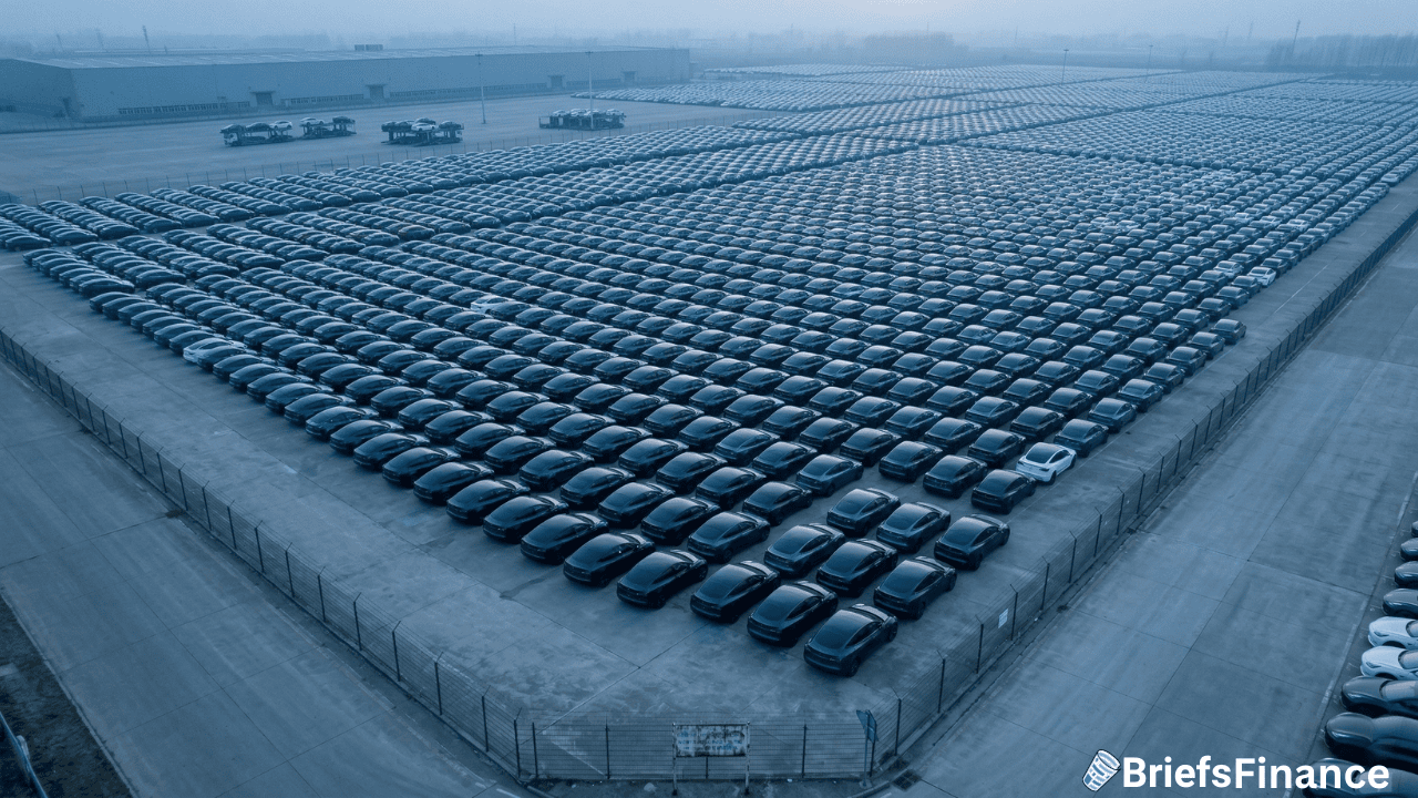 A large fenced lot filled with rows of parked Tesla cars—over 1,000 in total—awaits beneath a hazy sky, with an industrial building standing in the background, reminiscent of the last quarter’s inventory.