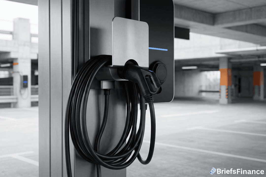 Electric vehicle charging station with a coiled charging cable in an empty parking garage. "BriefsFinance" logo appears in the bottom right corner.