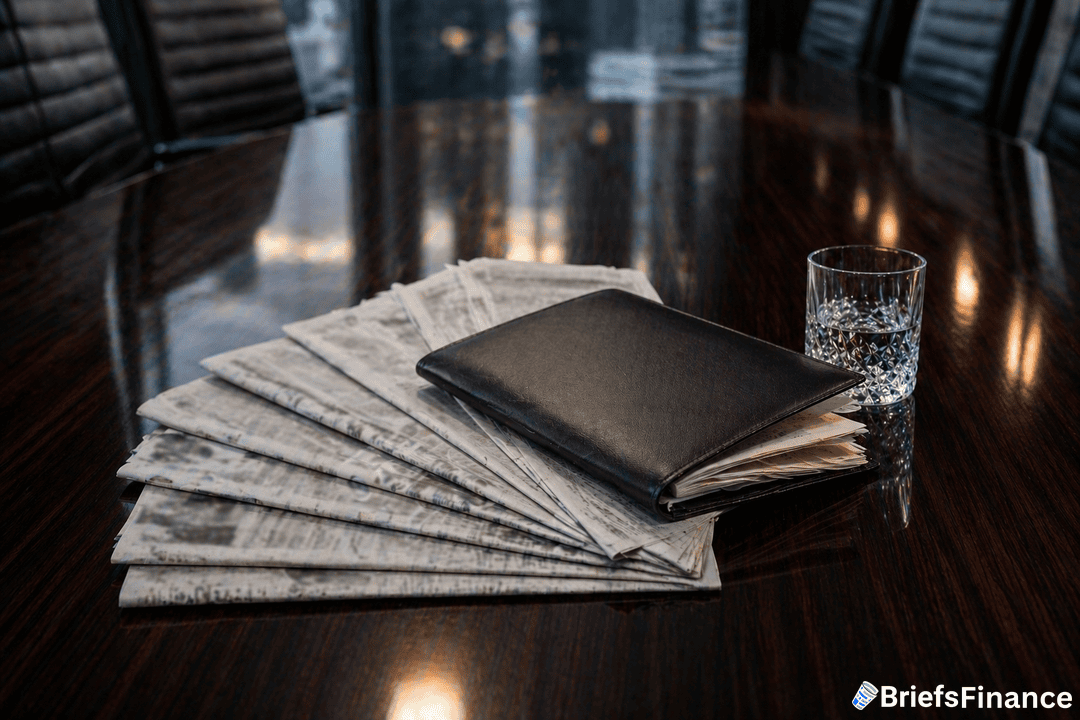 A stack of newspapers, a closed folder, and a glass of water on a polished conference table in an office setting.