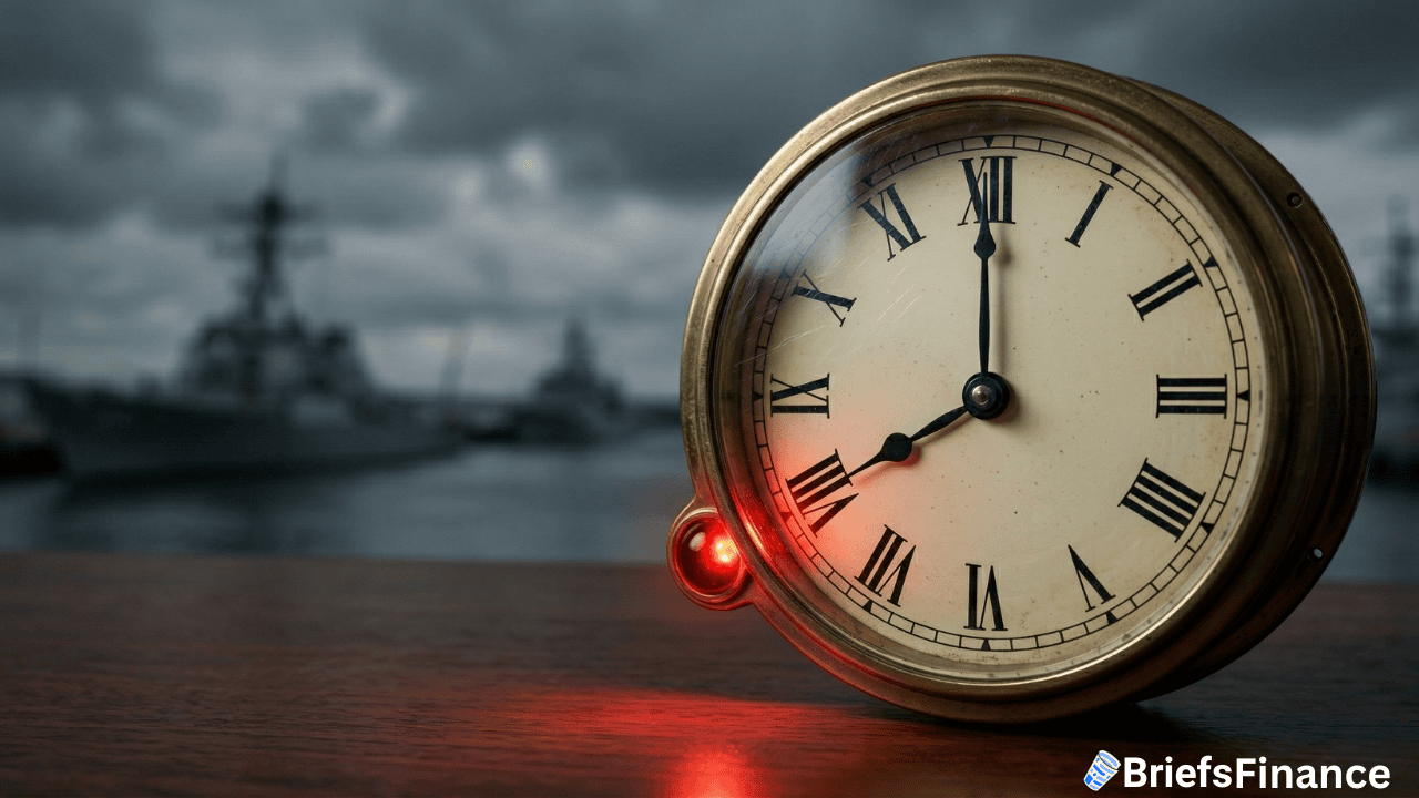 A brass analog clock showing 3:01 sits on a wooden surface, with a red light on its side; blurred warships are visible in the background, hinting at rising tensions in the Strait amid the Trump era and concerns involving Iran.