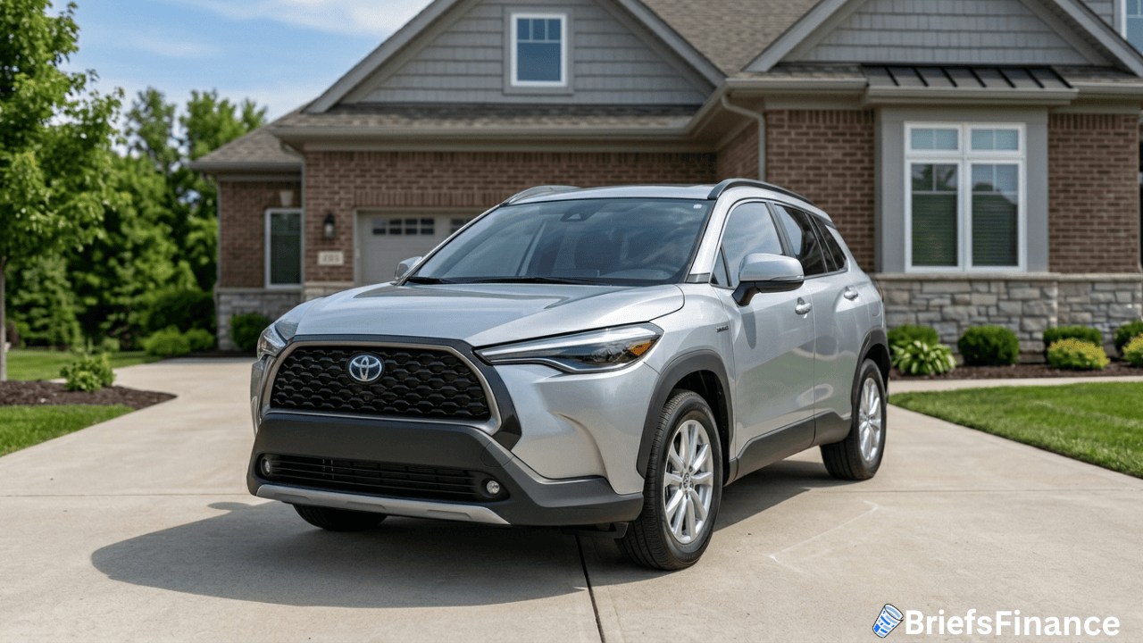 A silver Toyota SUV, unaffected by the recent Toyota recall focused on pedestrian safety, is parked on a driveway in front of a brick suburban house with a lawn and trees.