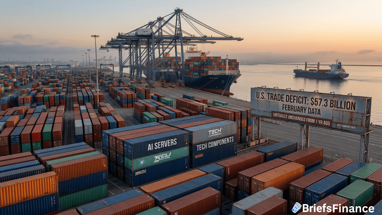 Cargo containers stacked at a busy port with cranes and ships; a sign displays "U.S. trade deficit February: $67.3 Billion, February Data.