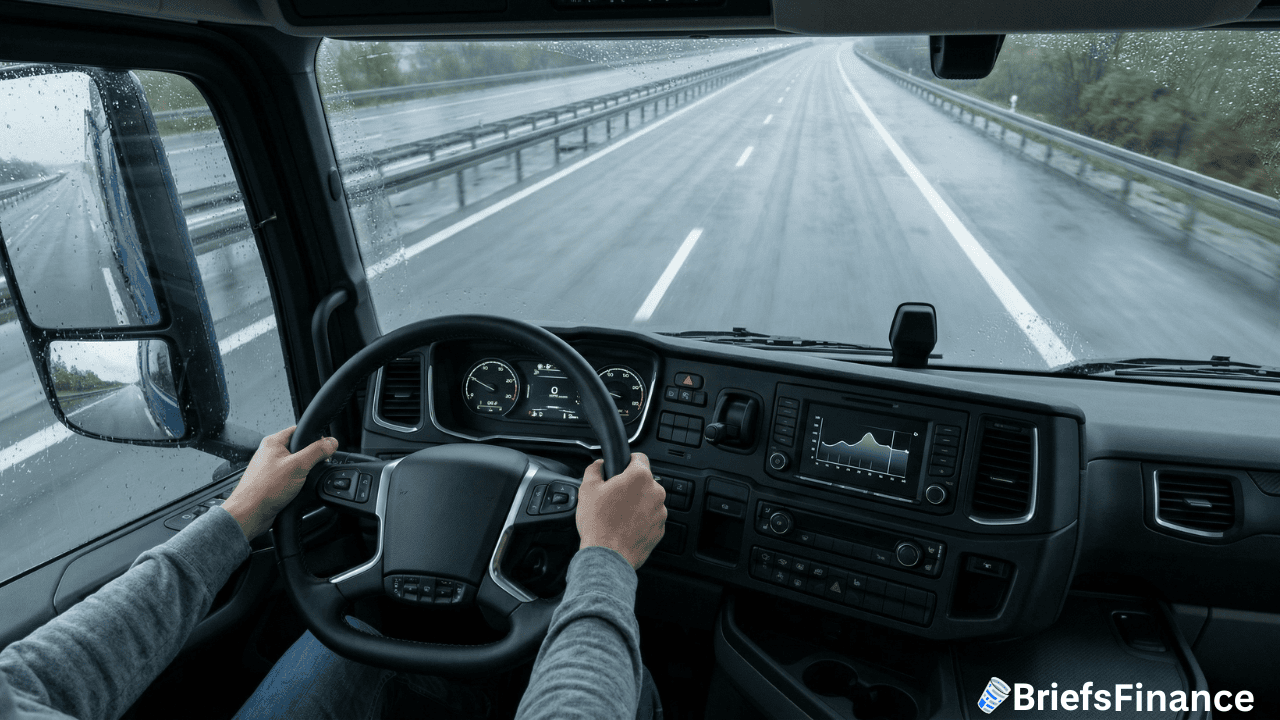 View from inside a truck cab showing a driver’s hands on the wheel as the vehicle moves down an empty, wet highway—dashboard controls and screens visible, capturing the everyday journey of truckers facing rising diesel prices.