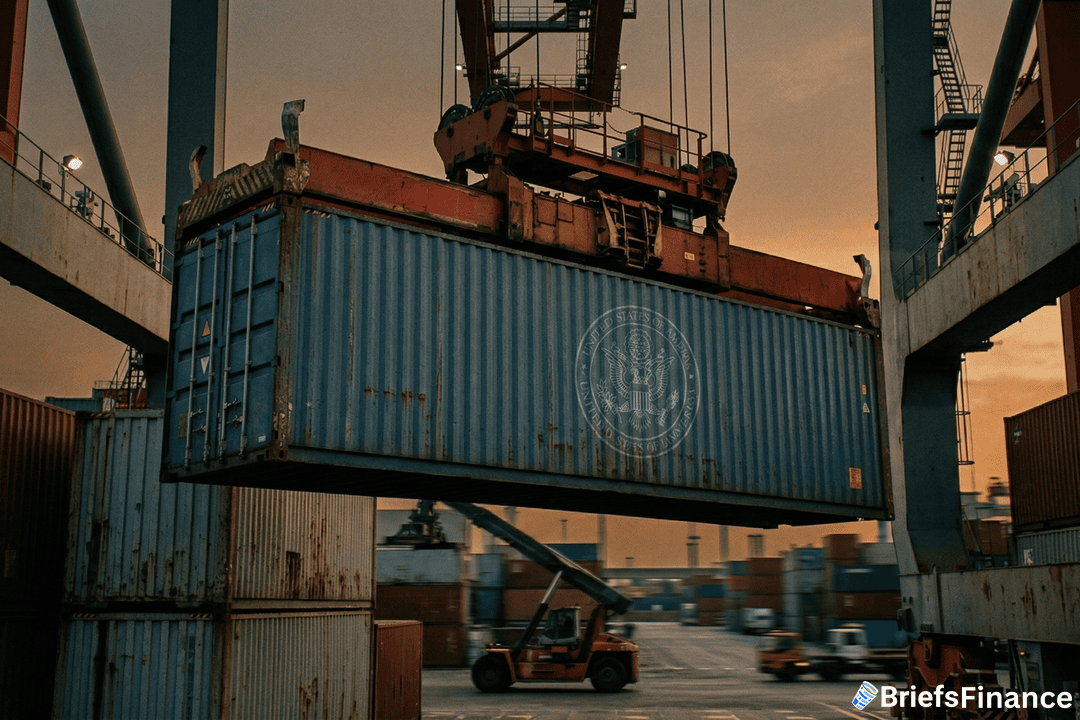 A crane lifts a large blue shipping container at a busy industrial port during sunset, with additional containers and machinery visible in the background.