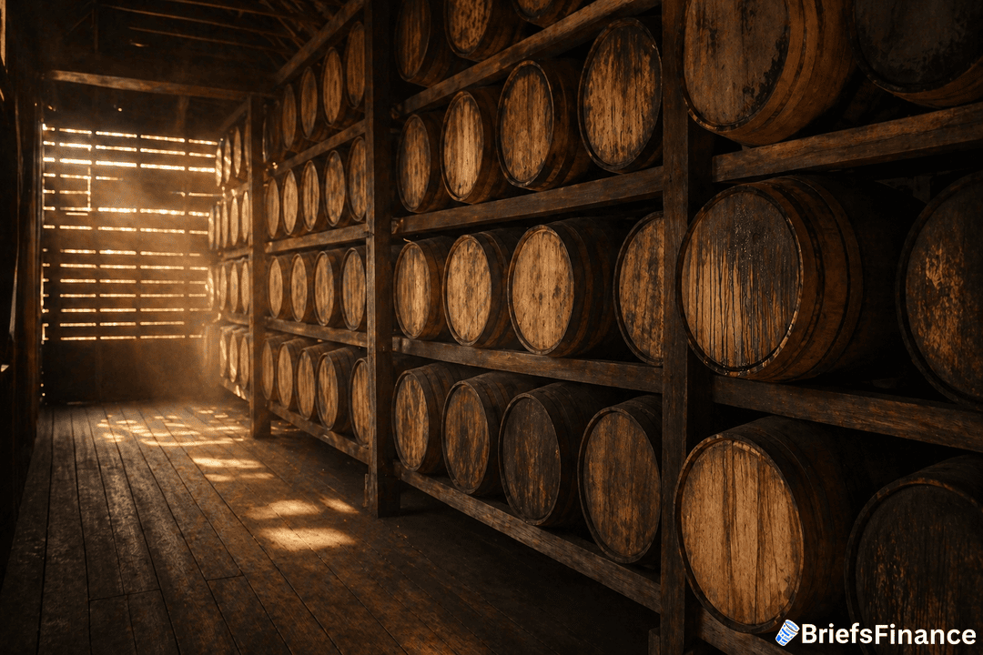 Wooden barrels are stacked on shelves in a dimly lit storage room with sunlight streaming through wooden slats on one wall.