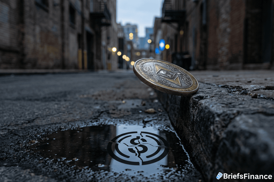 A large Ethereum coin stands on edge by a city street puddle reflecting a digital symbol, with buildings and blue lights in the background.