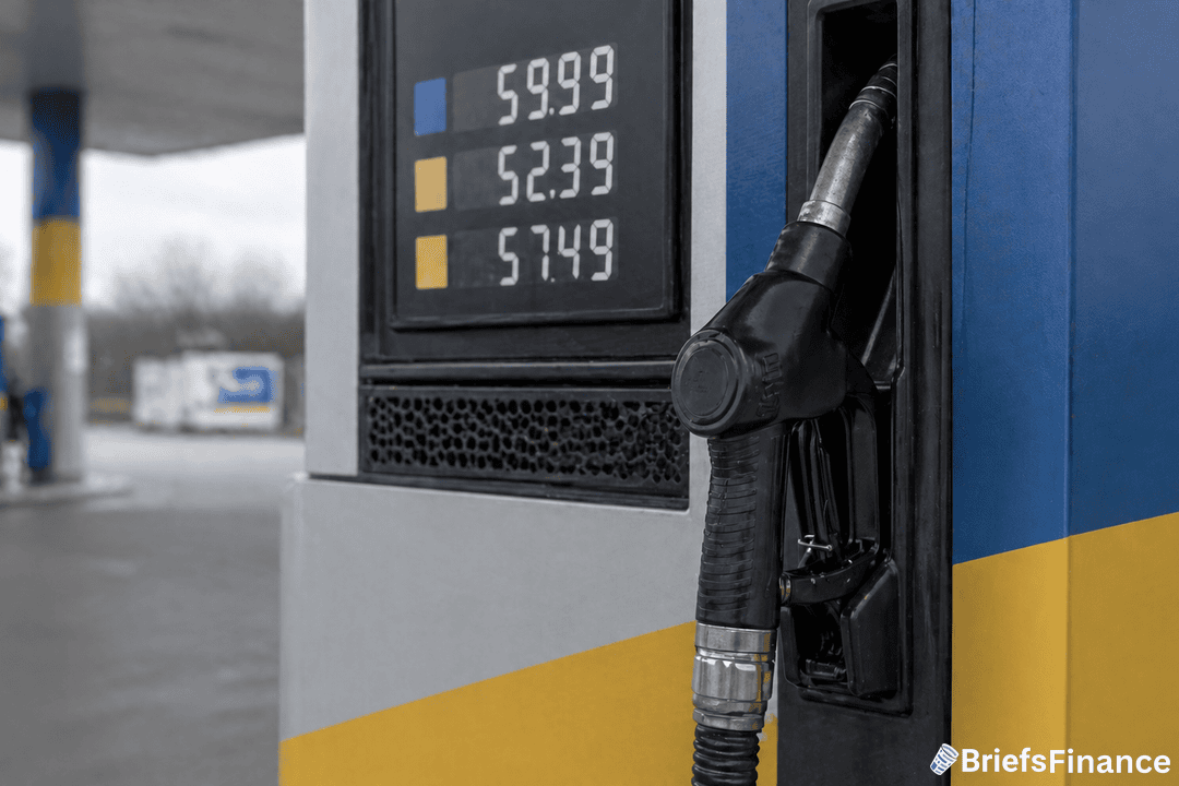 A close-up of a gas pump nozzle with displayed fuel prices of 59.99, 52.39, and 57.49 at a petrol station. BriefsFinance logo is visible in the bottom right corner.