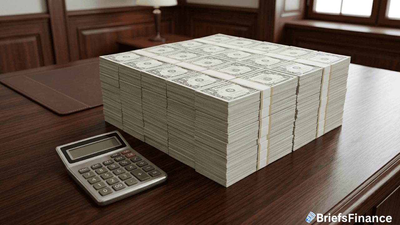 A large stack of bundled US dollar bills sits next to a calculator on a wooden office desk, symbolizing the growing concern over the $39 trillion U.S. national debt.