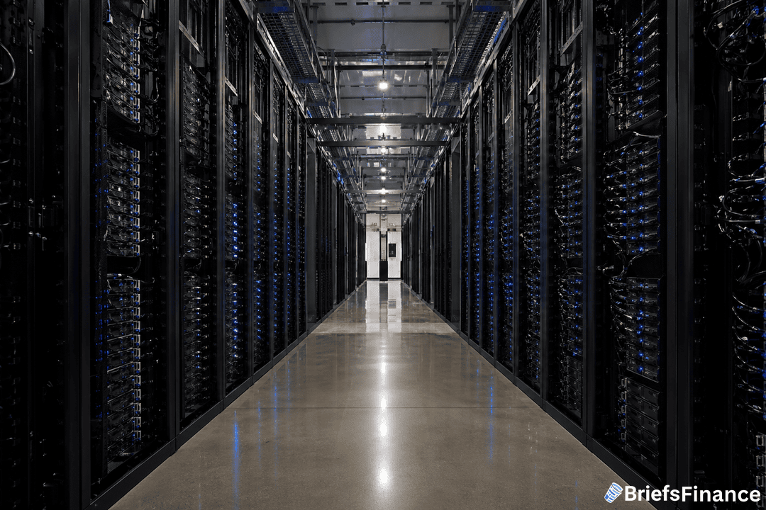 A brightly lit data center aisle lined with tall server racks on both sides; polished floor reflects the equipment.