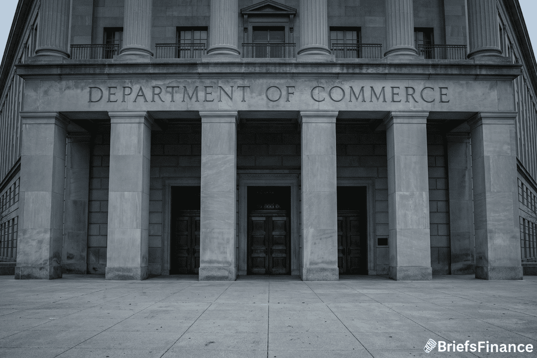 Front entrance of the U.S. Department of Commerce building with tall columns and double wooden doors, photographed from street level.