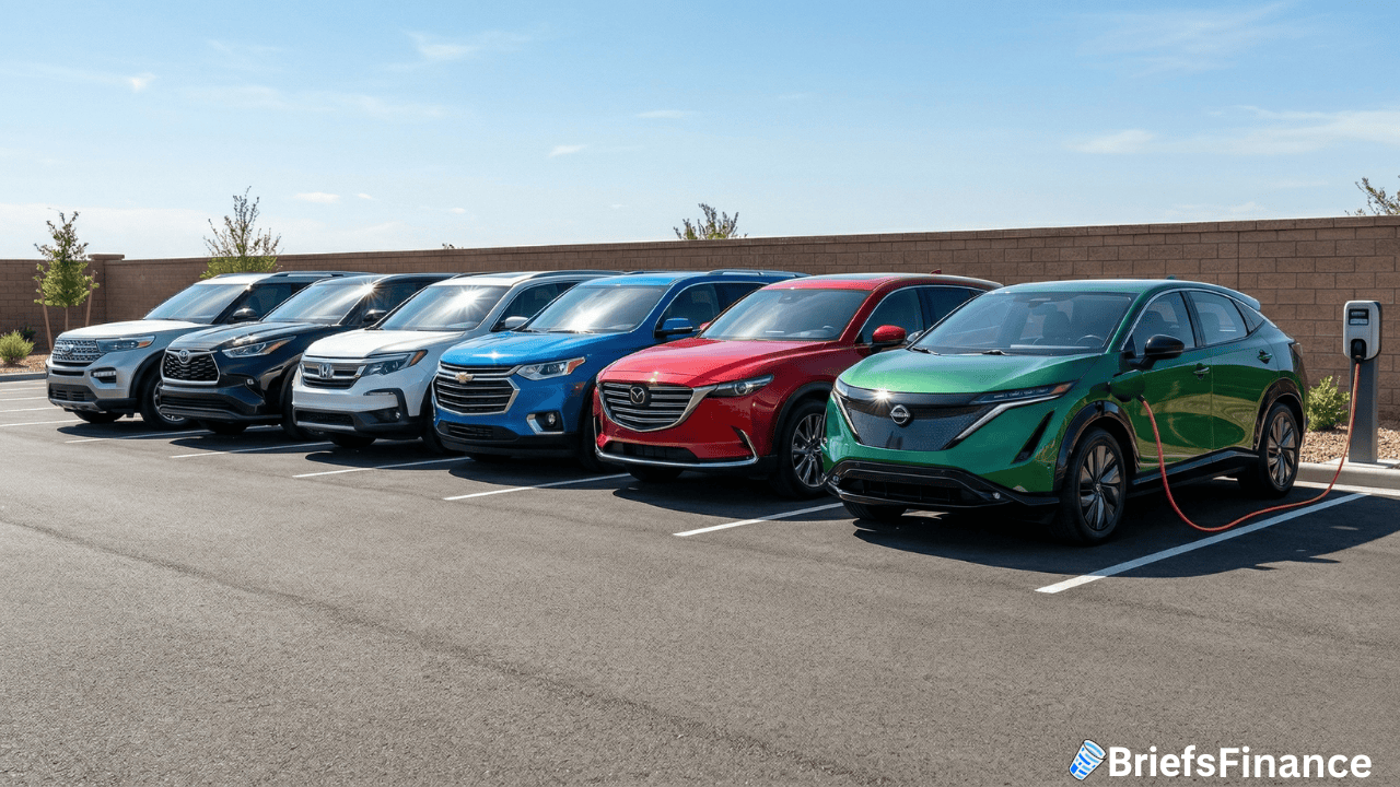 Six SUVs are parked side by side in a parking lot; as gas prices fluctuate in 2023, the green SUV on the right is plugged into an electric vehicle charging station.