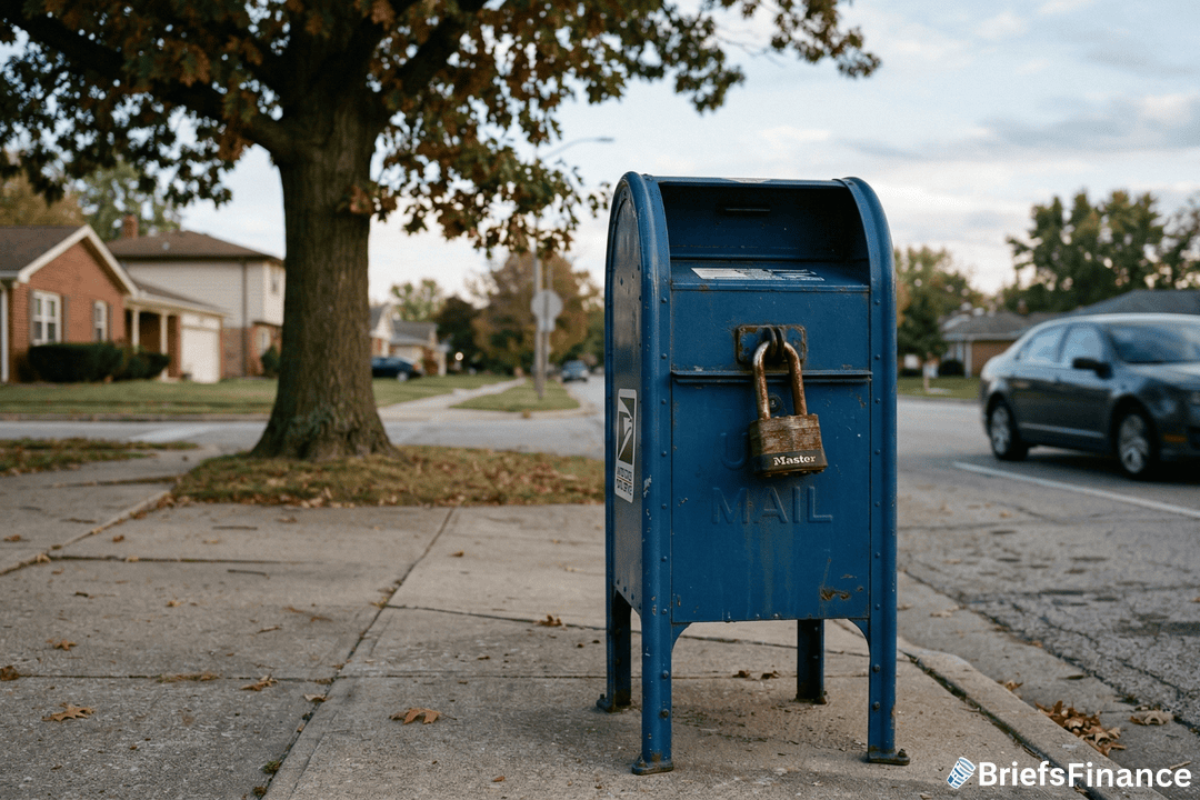 A blue USPS mailbox on a suburban sidewalk is secured with two padlocks; houses, a parked car, and a tree are visible in the background.
