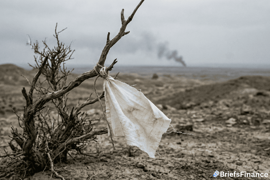 A white cloth is tied to a dry, leafless branch in a barren landscape with smoke rising in the distance under a cloudy sky.