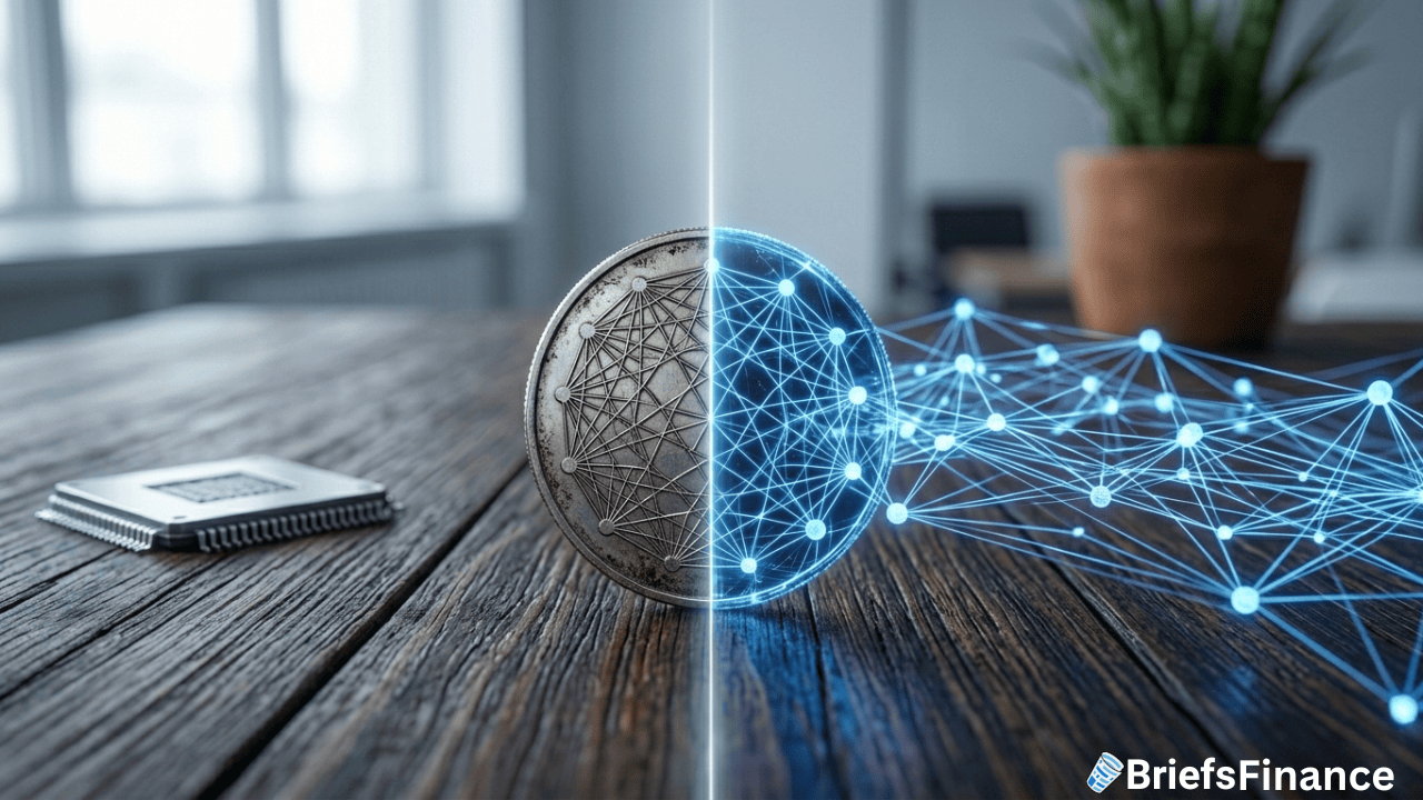 A coin on a wooden table is split, with one half showing digital network connections symbolizing crypto, and the other half remaining physical; a microchip and plant are in the background.