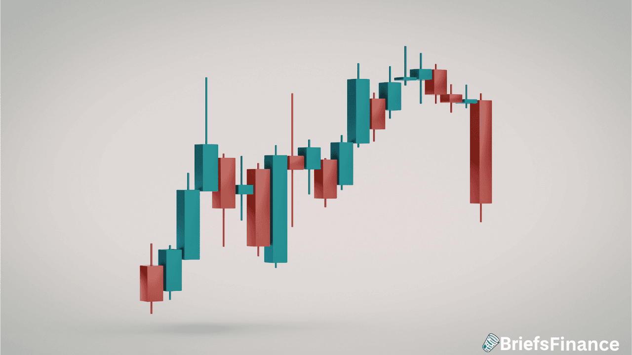 A candlestick chart showing fluctuating values with a sharp decline at the end; BriefsFinance logo is in the bottom right corner.