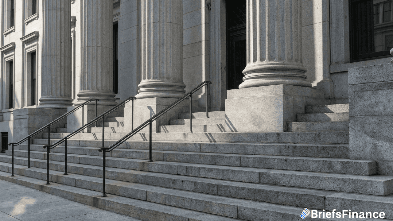 Stone steps and large columns at the entrance of a neoclassical building evoke classic Wall Street style, with metal handrails and the BriefsFinance logo in the bottom right corner.