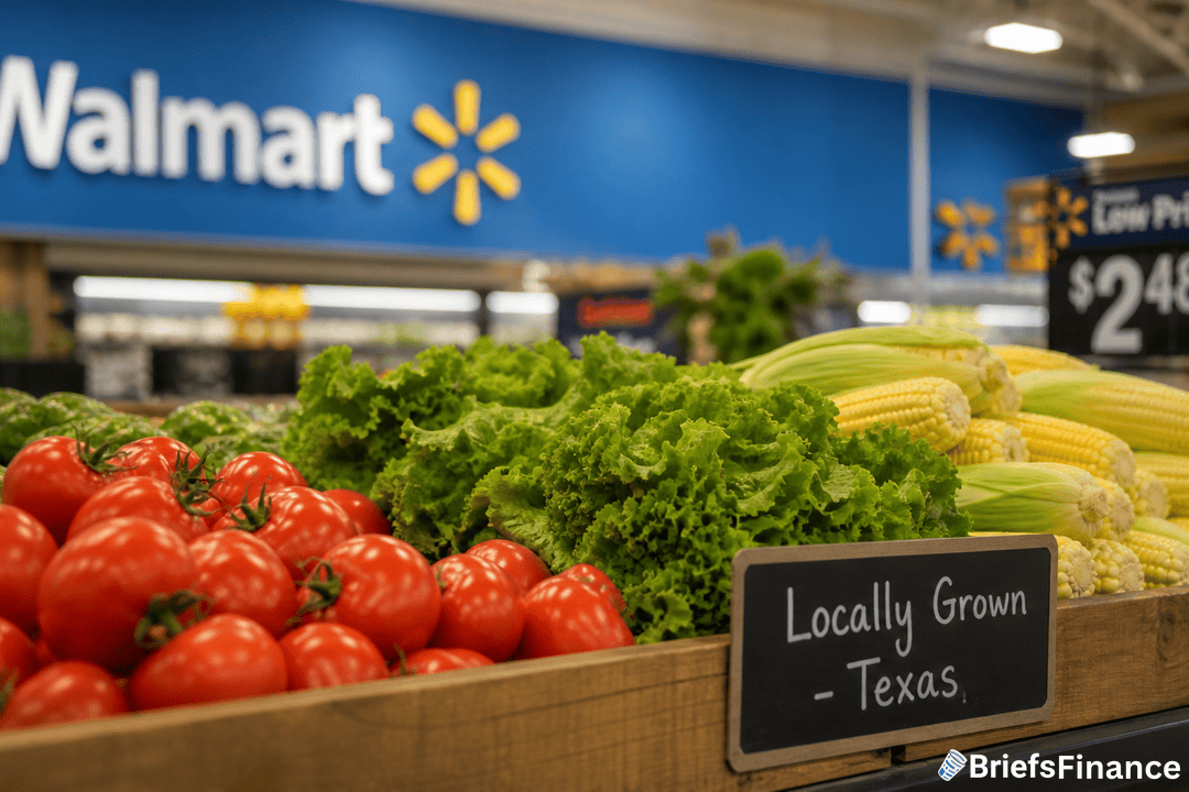 Fresh tomatoes, lettuce, and corn displayed in a Walmart produce section with a "Locally Grown - Texas" sign in front.