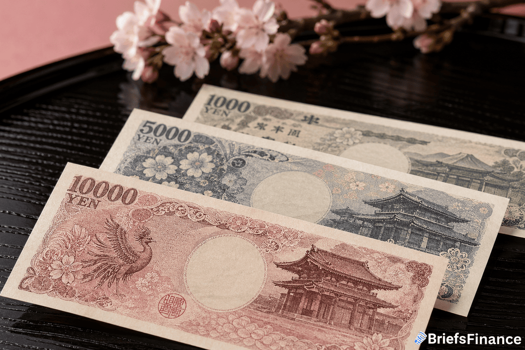 Three Japanese yen banknotes (10,000, 5,000, and 1,000) are displayed on a black tray with cherry blossoms in the background. "BriefsFinance" logo is visible in the corner.