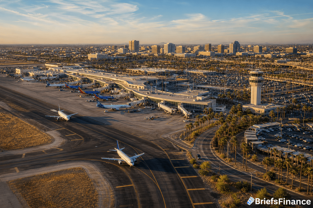 Aerial view of an airport with parked airplanes, terminal building, control tower, and city skyline in the background under a clear sky.