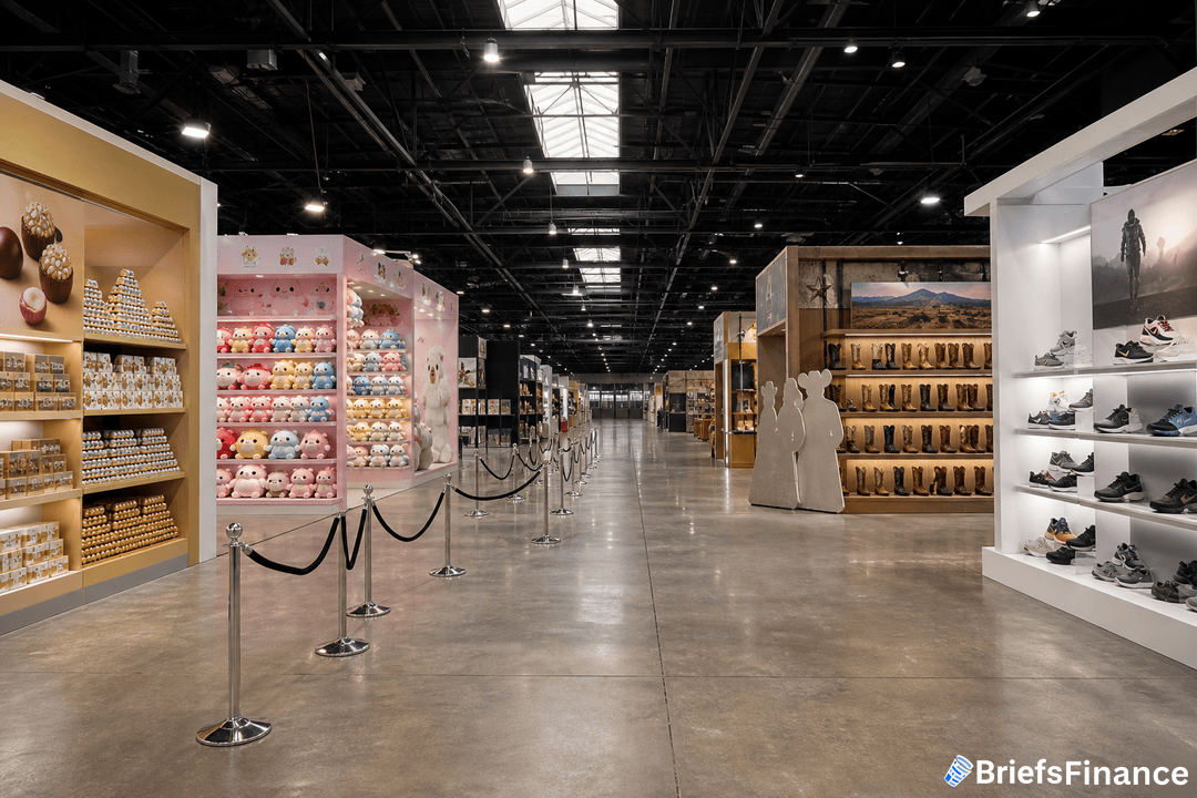 A wide aisle in a modern retail store displays shelves of shoes, boots, plush toys, and packaged goods under bright lighting, with a polished concrete floor.