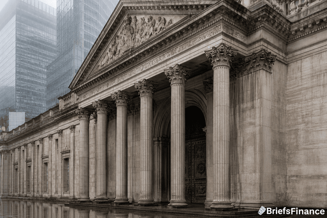 A neoclassical building with large columns and ornate carvings stands in front of modern glass skyscrapers on a foggy day. The BriefsFinance logo is visible in the bottom right corner.