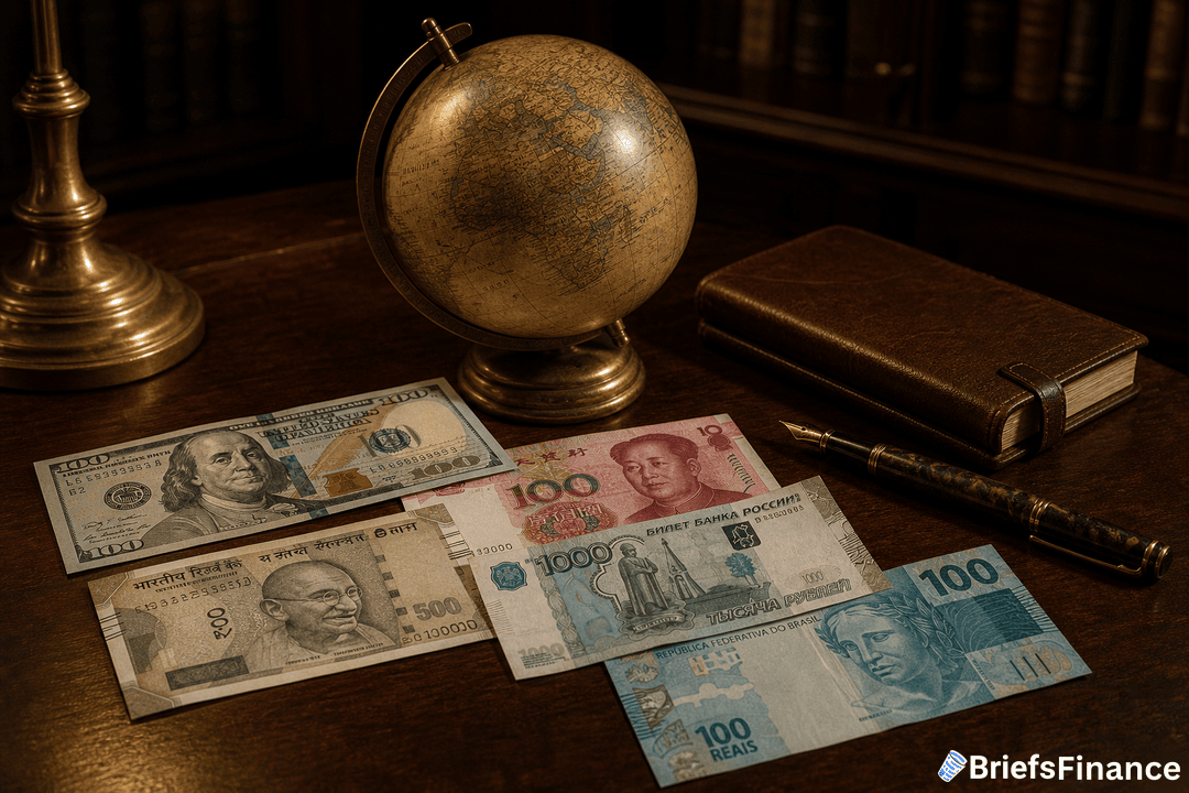 Assorted international banknotes, a globe, a leather notebook, and a pen on a wooden desk, symbolizing global finance.