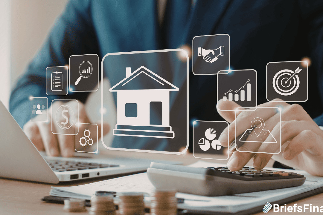 Person using a laptop and calculator, with digital icons representing real estate, finance, graphs, and business strategy overlaid on the image.