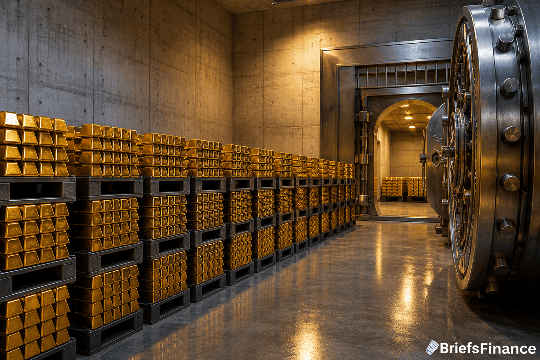 Rows of gold bars are stacked on pallets inside a large, secure concrete vault with an open heavy metal door.