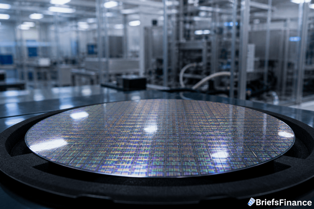A silicon wafer with microchips rests on equipment in a modern semiconductor fabrication facility, surrounded by machinery and cleanroom infrastructure.