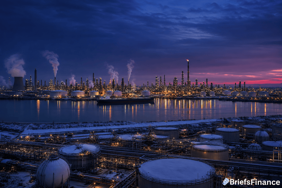 Large oil refinery complex with storage tanks and smokestacks emits steam at dusk, reflecting lights on the water, with the BriefsFinance logo in the corner.