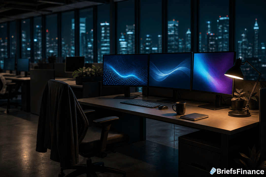 A modern office desk with three monitors, keyboard, lamp, and coffee mug, set in a high-rise at night with city skyline visible through large windows. "BriefsFinance" logo in corner.