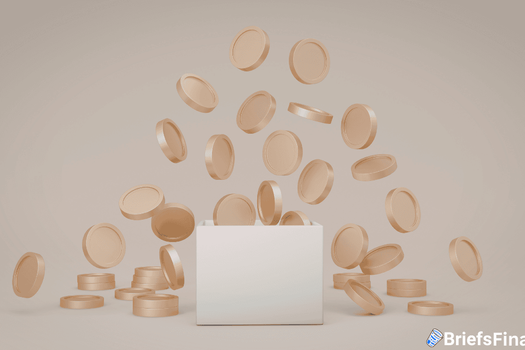 A white box surrounded by numerous beige coins, some of which are floating or falling, with a "BriefsFine" logo in the bottom right corner.
