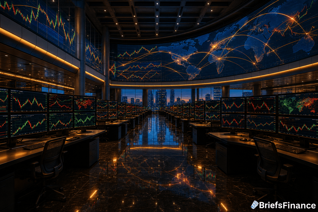 A modern financial trading floor with multiple computer monitors displaying stock charts and world maps, large digital world map on the wall, and cityscape visible through windows.