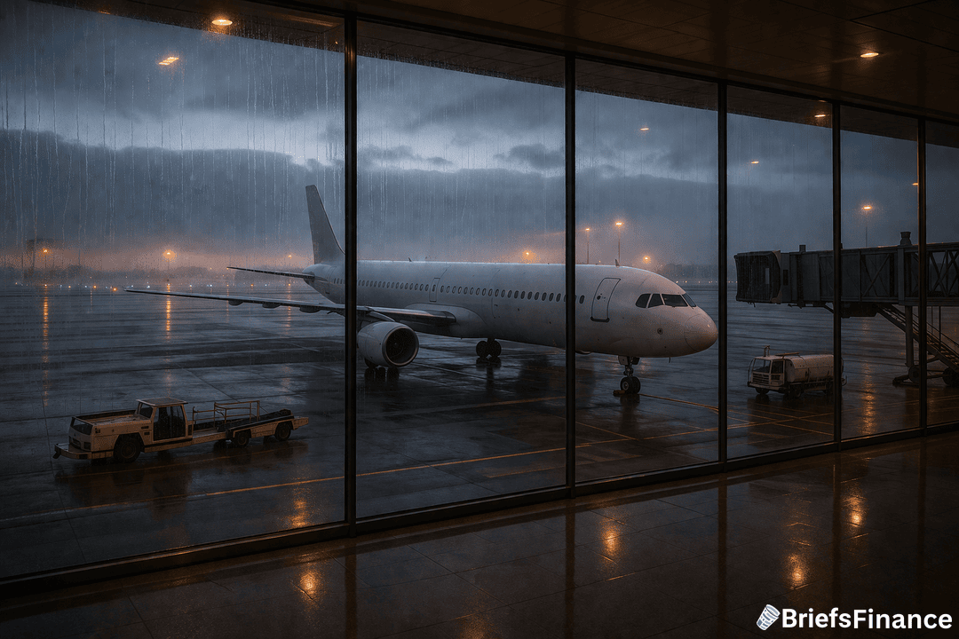 A commercial airplane is parked at a rainy airport gate at dusk, viewed through large terminal windows, with ground service vehicles nearby.