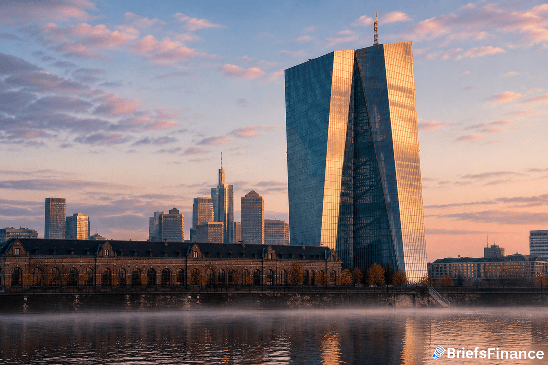 Modern glass skyscraper, the European Central Bank, stands by the river at sunrise with Frankfurt's city skyline in the background.