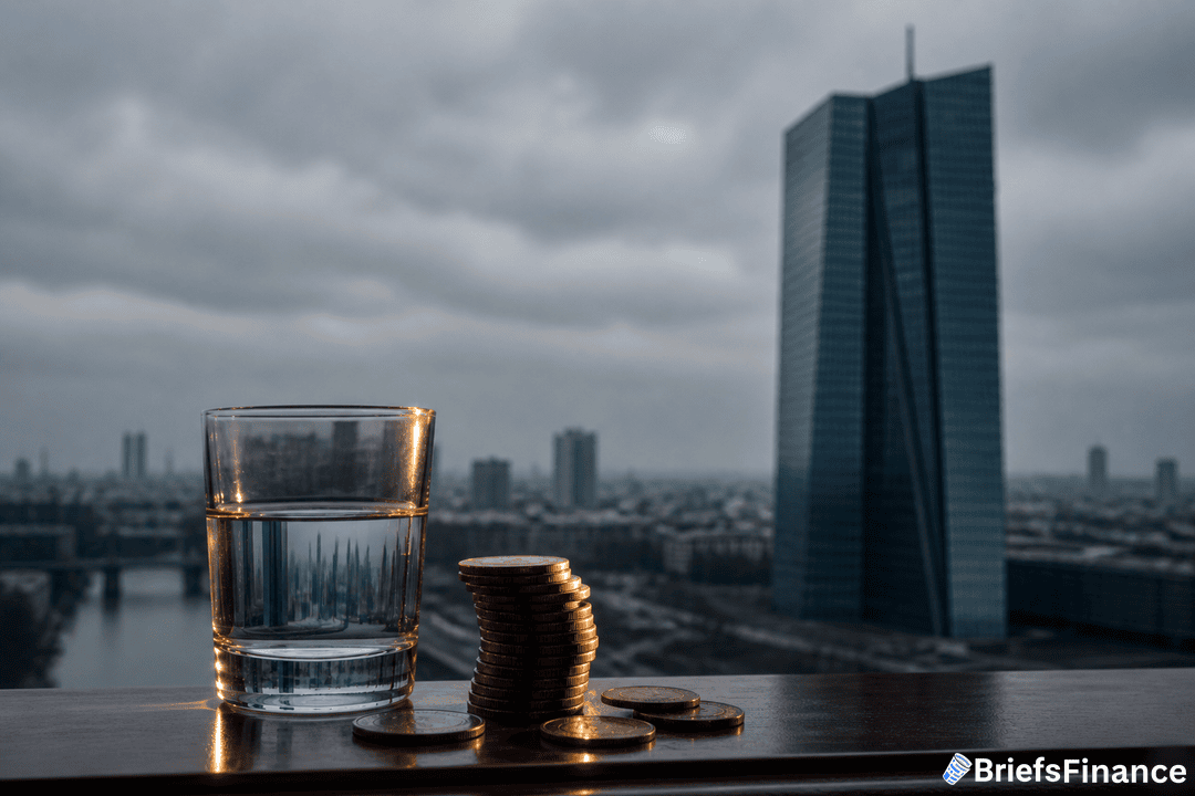 A glass of water and stacked coins on a windowsill with a city skyline and a tall modern building under a cloudy sky in the background.