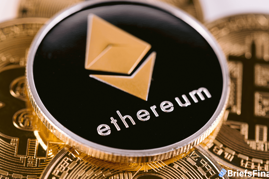 Close-up of a physical Ethereum coin with its logo and name on a black background, placed on top of other cryptocurrency coins.