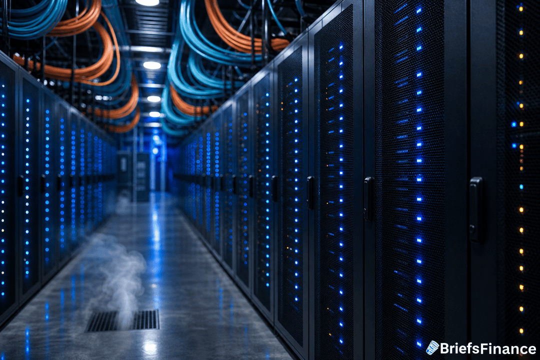 A row of data server racks with blue indicator lights in a modern data center. Network cables run overhead, and a vent releases vapor on the floor. "BriefsFinance" logo in the corner.