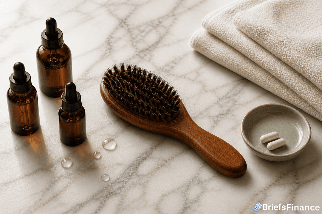 Wooden hairbrush, three amber dropper bottles, towel stack, and a small dish with two capsules and liquid drops on a marble surface.