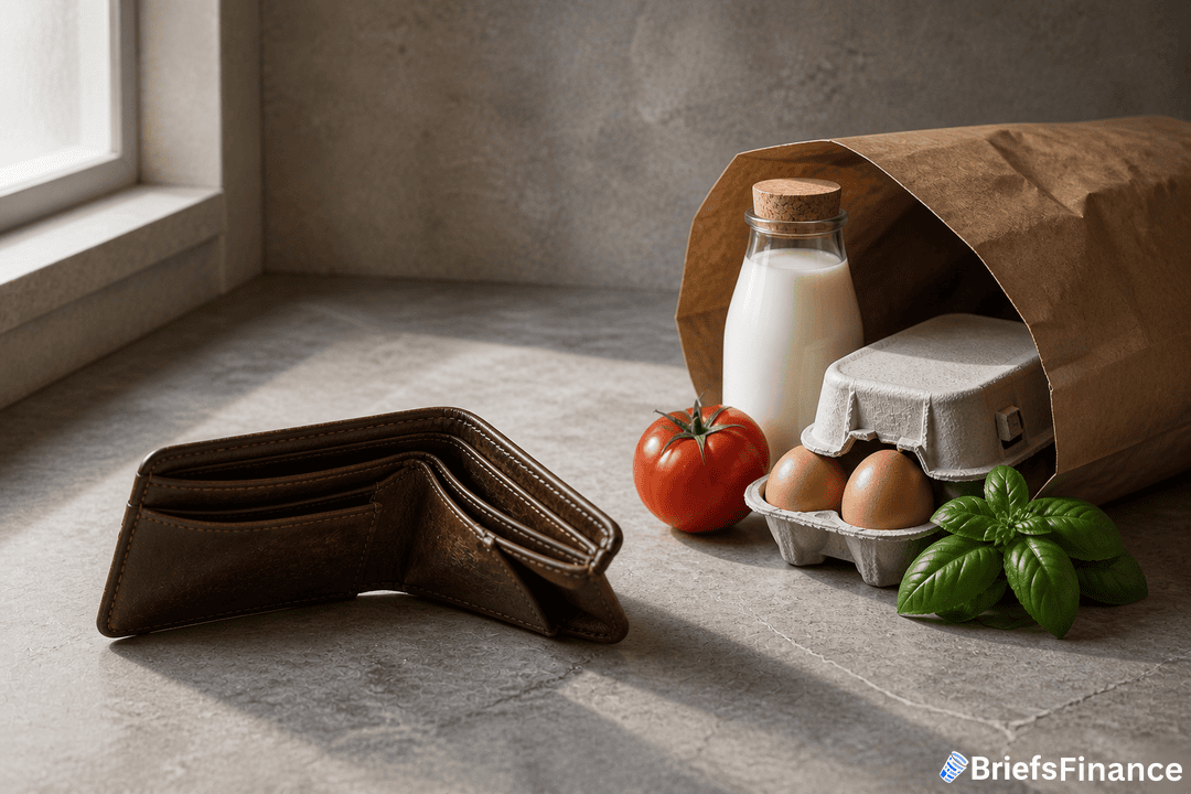 An open empty wallet sits next to a paper bag containing a bottle of milk, eggs, a tomato, and basil on a kitchen counter.