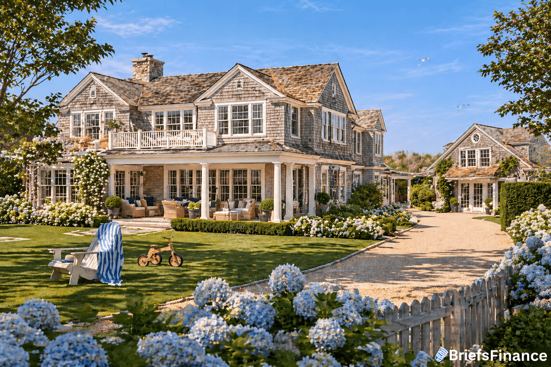 A large two-story house with cedar shingles, a front porch, manicured lawn, hydrangeas, a gravel driveway, and a smaller building in the background.