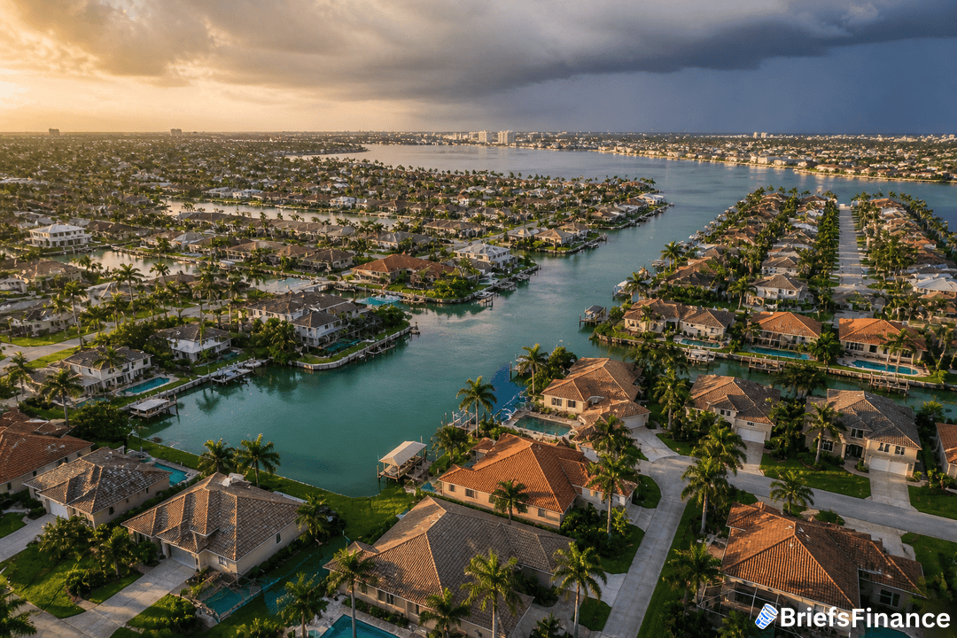 Aerial view of a coastal residential neighborhood with canals, palm trees, and houses under a cloudy sky at sunset.